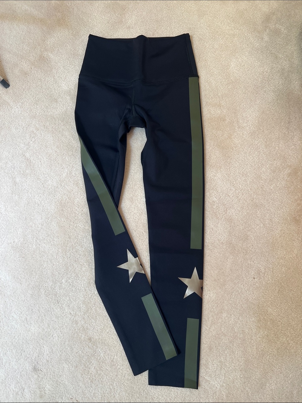 Women's Black High-Waist Star-Accent Leggings with Olive Stripes